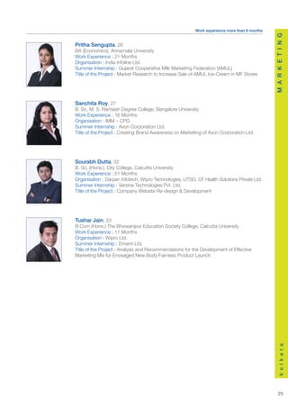 Work experience more than 6 months




                                                                                              M A R K E T I N G
Pritha Sengupta, 26
BA (Economics), Annamalai University
Work Experience : 21 Months
Organisation : India Infoline Ltd.
Summer Internship : Gujarat Cooperative Milk Marketing Federation (AMUL)
Title of the Project : Market Research to Increase Sale of AMUL Ice-Cream in MF Stores




Sanchita Roy, 27
B. Sc, M. S. Ramaiah Degree College, Bangalore University
Work Experience : 16 Months
Organisation : IMM – CPG
Summer Internship : Avon Corporation Ltd.
Title of the Project : Creating Brand Awareness on Marketing of Avon Corporation Ltd.




Sourabh Dutta, 32
B. Sc, (Hons.), City College, Calcutta University
Work Experience : 51 Months
Organisation : Darpan Infotech, Wipro Technologies, UTSO, CF Health Solutions Private Ltd.
Summer Internship : Versine Technologies Pvt. Ltd.
Title of the Project : Company Website Re-design & Development




Tushar Jain, 23
B.Com (Hons.) The Bhowanipur Education Society College, Calcutta University
Work Experience : 11 Months
Organisation : Wipro Ltd.
Summer Internship : Emami Ltd.
Title of the Project : Analysis and Recommendations for the Development of Effective
Marketing Mix for Envisaged New Body Fairness Product Launch




                                                                                                  k o l k a t a




                                                                                                 25
 