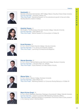 Freshers




                                                                                               M A R K E T I N G
Harshankit, 23
Bachelor of Business Administration, IIMT College, Meerut, Chaudhuri Charan Singh University
Summer Internship : Hindustan Unilever Ltd.
Title of the Project : Marketing Research on the potential and growth of tea and coffee
Vending Machine market in Kolkata




Harshita Tewary, 22
BA (English), The Bhowanipur Education Society College, Calcutta University
Summer Internship : Adani Wilmar Ltd.
Title of the Project : Market Research on Consumption of Edible Oil




Kunal Somaiya, 23
B. Com, (Hons.) Umesh Chandra College, Calcutta University
Summer Internship : P. S. Group of Companies, Kolkata
Title of the Project : Launching of Entrepreneurial Magazine




Mainak Banerjee, 22
B. Com, (Hons.), Michael Madhusudan Memorial College, Burdwan University
Summer Internship : Lohia Securities Ltd., Kolkata
Title of the Project : Equity Research on Indian Aviation Industry




Manas Saha, 24
B. Com, (Hons.), Mankar College, Burdwan University
Summer Internship : Adani Wilmar Ltd.
Title of the Project : Marketing Research on Consumer Buying Behaviour of Edible Oil




Manni Kumar Singh, 24
B. Com, (Hons.) Marketing, Barrackpur Rastraguru Surendranath College, Calcutta University
                                                                                                   k o l k a t a




Summer Internship : Gujarat Cooperative Milk Marketing Federation (AMUL)
Title of the Project : Marketing Research on penetration of Amul Ice-Cream & Dairy products
in the Catering market in Mumbai Metro




                                                                                                  29
 