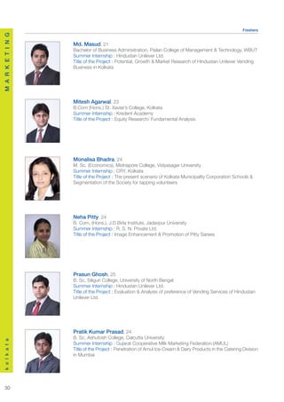 Freshers
M A R K E T I N G




                    Md. Masud, 21
                    Bachelor of Business Administration, Pailan College of Management & Technology, WBUT
                    Summer Internship : Hindustan Unilever Ltd.
                    Title of the Project : Potential, Growth & Market Research of Hindustan Unilever Vending
                    Business in Kolkata




                    Mitesh Agarwal, 23
                    B.Com (Hons.) St. Xavier’s College, Kolkata
                    Summer Internship : Kredent Academy
                    Title of the Project : Equity Research/ Fundamental Analysis




                    Monalisa Bhadra, 24
                    M. Sc. (Economics), Midnapore College, Vidyasagar University
                    Summer Internship : CRY, Kolkata
                    Title of the Project : The present scenario of Kolkata Municipality Corporation Schools &
                    Segmentation of the Society for tapping volunteers




                    Neha Pitty, 24
                    B. Com, (Hons.), J.D.Birla Institute, Jadavpur University
                    Summer Internship : R. S. N. Private Ltd.
                    Title of the Project : Image Enhancement & Promotion of Pitty Sarees




                    Prasun Ghosh, 25
                    B. Sc, Siliguri College, University of North Bengal
                    Summer Internship : Hindustan Unilever Ltd.
                    Title of the Project : Evaluation & Analysis of preference of Vending Services of Hindustan
                    Unilever Ltd.




                    Pratik Kumar Prasad, 24
                    B. Sc, Ashutosh College, Calcutta University
k o l k a t a




                    Summer Internship : Gujarat Cooperative Milk Marketing Federation (AMUL)
                    Title of the Project : Penetration of Amul Ice-Cream & Dairy Products in the Catering Division
                    in Mumbai




  30
 