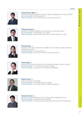 Freshers




                                                                                                M A R K E T I N G
Pravas Kumar Maiti, 23
Bachelor of Hospital Management, George College of Management & Science, WBUT
Summer Internship : Eco Recycling Ltd.
Title of the Project : Protect information and preserve Environment




Prithwiraj Sanyal, 22
Bachelor of Computer Application, Narula Institute of Technology, WBUT,
Summer Internship : United Telecom Ltd., Nepal
Title of the Project : Branding and Product Mix of United Telecom Ltd., Nepal




Priyanka Roy, 23
Bachelor of Business Administration, PGDAM, The NIS Academy, Kolkata, Rajasthan
Vidyapeeth University
Summer Internship : Eco Recycling Ltd.
Title of the Project : Protect Information & Preserve Environment




Rama Kedia, 24
Bachelor of Business Administration, Shri Shikshyatan College, Calcutta University
Summer Internship : P. S. Group of Companies, Kolkata
Title of the Project : Launching of an Entrepreneurial Magazine




Ratika Anand, 25
B.Tech (Information Technology)
Summer Internship : Two Piradian Infotech, Kolkata
Title of the Project : An In-Depth Analysis of Mashup Application




Ravishek Kumar, 23
Bachelor of Business Management, A.N. College, Patna, Magadh University
                                                                                                    k o l k a t a




Summer Internship : Cryobanks International India
Title of the Project : Awareness Levels among Consumers about Stem Cell Banking




                                                                                                   31
 