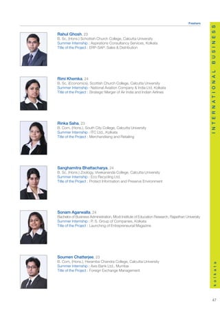 Freshers




                                                                                                  B U S I N E S S
Rahul Ghosh, 23
B. Sc, (Hons.) Schottish Church College, Calcutta University
Summer Internship : Aspirations Consultancy Services, Kolkata
Title of the Project : ERP-SAP: Sales & Distribution




                                                                                                  I N T E R N A T I O N A L
Rimi Khemka, 24
B. Sc, (Economics), Scottish Church College, Calcutta University
Summer Internship : National Aviation Company & India Ltd, Kolkata
Title of the Project : Strategic Merger of Air India and Indian Airlines




Rinka Saha, 23
B. Com, (Hons.), South City College, Calcutta University
Summer Internship : ITC Ltd., Kolkata
Title of the Project : Merchandising and Retailing




Sanghamitra Bhattacharya, 24
B. Sc, (Hons.) Zoology, Vivekananda College, Calcutta University
Summer Internship : Eco Recycling Ltd.
Title of the Project : Protect Information and Preserve Environment




Sonam Agarwalla, 24
Bachelor of Business Administration, Modi Institute of Education Research, Rajasthan University
Summer Internship : P. S. Group of Companies, Kolkata
Title of the Project : Launching of Entrepreneurial Magazine




Soumen Chatterjee, 23
B. Com, (Hons.), Heramba Chandra College, Calcutta University
                                                                                                        k o l k a t a




Summer Internship : Axis Bank Ltd., Mumbai
Title of the Project : Foreign Exchange Management




                                                                                                       47
 