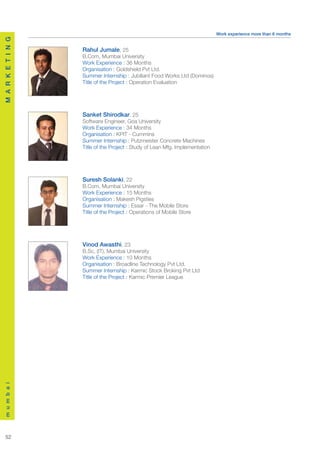 Work experience more than 6 months
M A R K E T I N G




                    Rahul Jumale, 25
                    B.Com, Mumbai University
                    Work Experience : 36 Months
                    Organisation : Goldshield Pvt Ltd.
                    Summer Internship : Jubiliant Food Works Ltd (Dominos)
                    Title of the Project : Operation Evaluation




                    Sanket Shirodkar, 25
                    Software Engineer, Goa University
                    Work Experience : 34 Months
                    Organisation : KPIT - Cummins
                    Summer Internship : Putzmeister Concrete Machines
                    Title of the Project : Study of Lean Mfg. Implementation




                    Suresh Solanki, 22
                    B.Com, Mumbai University
                    Work Experience : 15 Months
                    Organisation : Makesh Pigsties
                    Summer Internship : Essar - The Mobile Store
                    Title of the Project : Operations of Mobile Store




                    Vinod Awasthi, 23
                    B.Sc, (IT), Mumbai University
                    Work Experience : 10 Months
                    Organisation : Broadline Technology Pvt Ltd.
                    Summer Internship : Karmic Stock Broking Pvt Ltd
                    Title of the Project : Karmic Premier League
m u m b a i




  52
 