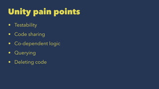 Unity pain points
• Testability
• Code sharing
• Co-dependent logic
• Querying
• Deleting code
 
