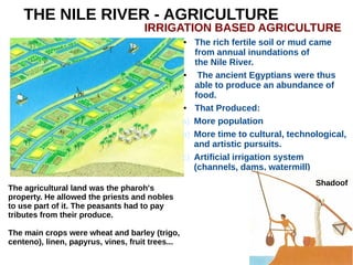 THE NILE RIVER - AGRICULTURE
● The rich fertile soil or mud came
from annual inundations of
the Nile River.
● The ancient Egyptians were thus
able to produce an abundance of
food.
● That Produced:
a) More population
b) More time to cultural, technological,
and artistic pursuits.
c) Artificial irrigation system
(channels, dams, watermill)
IRRIGATION BASED AGRICULTURE
The agricultural land was the pharoh's
property. He allowed the priests and nobles
to use part of it. The peasants had to pay
tributes from their produce.
The main crops were wheat and barley (trigo,
centeno), linen, papyrus, vines, fruit trees...
Shadoof
 