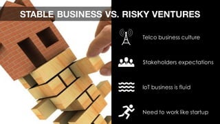 STABLE BUSINESS VS. RISKY VENTURES
Telco business culture
Need to work like startup
IoT business is fluid
Stakeholders expectations
 