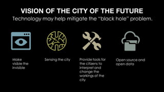 VISION OF THE CITY OF THE FUTURE
Open source and
open data
Make
visible the
invisible
Sensing the city Provide tools for
the citizens to
interpret and
change the
workings of the
city
Technology may help mitigate the “black hole” problem.
 