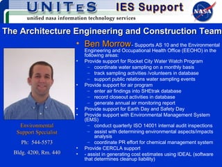 The Architecture Engineering and Construction Team Ben Morrow   - Supports AS 10 and the Environmental Engineering and Occupational Health Office (EEOHO) in the following areas: Provide support for Rocket City Water Watch Program  coordinate water sampling on a monthly basis track sampling activities /volunteers in database support public relations water sampling events Provide support for air program enter air findings into SHEtrak database record closeout activities in database generate annual air monitoring report Provide support for Earth Day and Safety Day Provide support with Environmental Management System (EMS) conduct quarterly ISO 14001 internal audit inspections assist with determining environmental aspects/impacts analysis coordinate PR effort for chemical management system Provide CERCLA support - assist in generating cost estimates using IDEAL (software that determines cleanup liability) Environmental Support Specialist Ph:  544-5573 Bldg. 4200, Rm. 440 