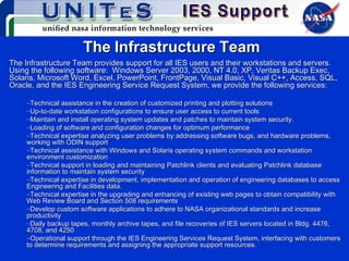The   Infrastructure   Team The Infrastructure Team provides support for all IES users and their workstations and servers.  Using the following software:  Windows Server 2003, 2000, NT 4.0, XP, Veritas Backup Exec, Solaris, Microsoft Word, Excel, PowerPoint, FrontPage, Visual Basic, Visual C++, Access, SQL, Oracle, and the IES Engineering Service Request System, we provide the following services: Technical assistance in the creation of customized printing and plotting solutions Up-to-date workstation configurations to ensure user access to current tools Maintain and install operating system updates and patches to maintain system security. Loading of software and configuration changes for optimum performance Technical expertise analyzing user problems by addressing software bugs, and hardware problems, working with ODIN support Technical assistance with Windows and Solaris operating system commands and workstation environment customization Technical support in loading and maintaining Patchlink clients and evaluating Patchlink database information to maintain system security Technical expertise in development, implementation and operation of engineering databases to access Engineering and Facilities data. Technical expertise in the upgrading and enhancing of existing web pages to obtain compatibility with Web Review Board and Section 508 requirements Develop custom software applications to adhere to NASA organizational standards and increase productivity Daily backup tapes, monthly archive tapes, and file recoveries of IES servers located in Bldg. 4476, 4708, and 4250 Operational support through the IES Engineering Services Request System, interfacing with customers to determine requirements and assigning the appropriate support resources. 