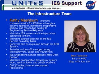 The Infrastructure Team Kathy Mashburn   – provides customer service for IES Users through a positive approach, a pleasant, cooperative attitude, and responding quickly to Engineering Service Requests. Maintains IES servers and the tape drives connected to them. Maintains backup tapes for all the IES Servers on a daily basis. Recovers files as requested through the ESR System. Provides various office support using Microsoft Word, Excel, and PowerPoint. IES Engineering Service Request Help Desk Support. Maintains configuration drawings of system room, seminar room, and printer locations. CIW (Certified Internet Webmaster) Professional Data Technician Ph: 544 -0492 Bldg. 4476, Rm. 119 