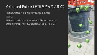 Oriented Points（方向を持っている点）
平面として検出できるのは水平および垂直の面
ただし、
特徴点として検出した点の方向を取得することはできる
(特徴点が密集しているような場所だと検出しやすい）
 