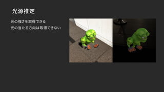 光源推定
光の強さを取得できる
光の当たる方向は取得できない
 