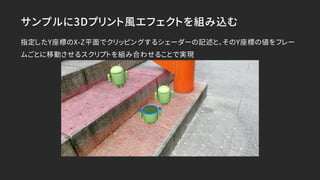 サンプルに3Dプリント風エフェクトを組み込む
指定したY座標のX-Z平面でクリッピングするシェーダーの記述と、そのY座標の値をフレー
ムごとに移動させるスクリプトを組み合わせることで実現
 