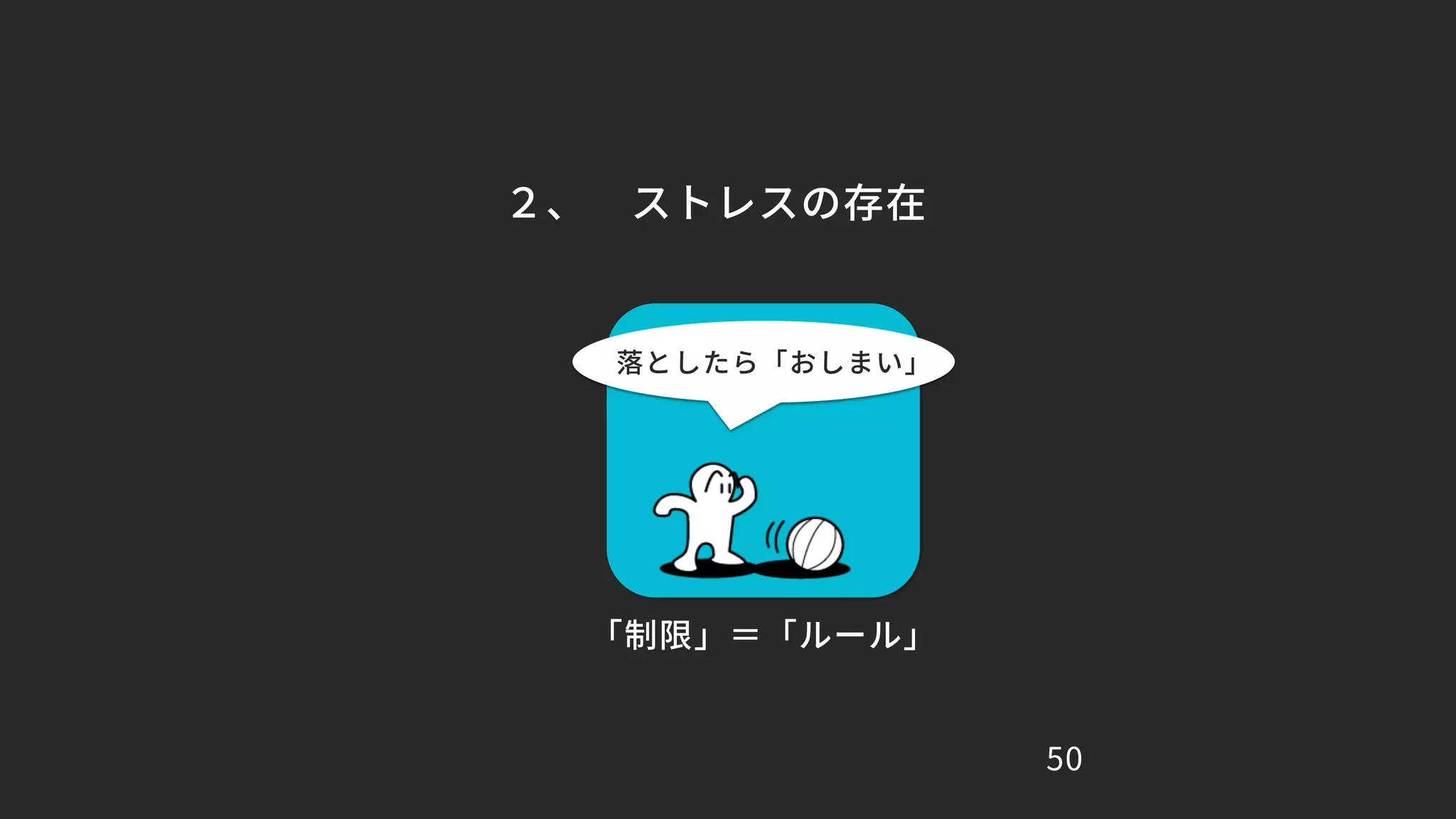 50
２、 ストレスの存在
落としたら「おしまい」
「制限」＝「ルール」
 