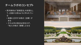 チームラボのコンセプト
• 西洋美術は「透視図法」を前提とし
て、正面から見るように作られてい
る
• 絵画に正対する視点 （主観） が
ある
• それ以外の視点は存在せず、
「他人の視点 （客観）」となる
 