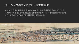 チームラボのコンセプト - 超主観空間
• 一方で、日本の絵巻物や Google Map などは視点移動（スクロール）できる
• スクロールすることで視点(主観)を移動できるアートは一種の空間になっている
• チームラボではそれを「超主観空間」と呼んでいる
熈代勝覧 (絵巻物)
 