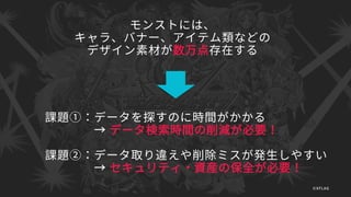 モンストには、
キャラ、バナー、アイテム類などの
デザイン素材が数万点存在する
課題①：データを探すのに時間がかかる
→ データ検索時間の削減が必要！
課題②：データ取り違えや削除ミスが発生しやすい
→ セキュリティ・資産の保全が必要！
©XFLAG
 