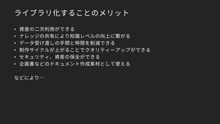 ライブラリ化することのメリット
• 資産の二次利用ができる
• ナレッジの共有により知識レベルの向上に繋がる
• データ受け渡しの手間と時間を削減できる
• 制作サイクルが上がることでクオリティーアップができる
• セキュリティ、資産の保全ができる
• 企画書などのドキュメント作成素材として使える
などにより…
 