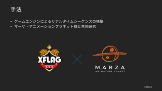 手法
• ゲームエンジンによるリアルタイムシーケンスの構築
• マーザ・アニメーションプラネット様と共同研究
©XFLAG
 