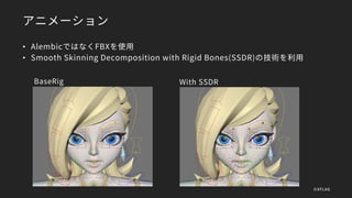 アニメーション
• AlembicではなくFBXを使用
• Smooth Skinning Decomposition with Rigid Bones(SSDR)の技術を利用
BaseRig With SSDR
©XFLAG
 