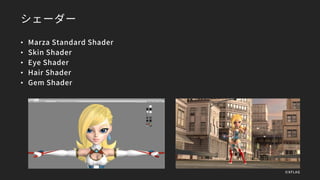 シェーダー
• Marza Standard Shader
• Skin Shader
• Eye Shader
• Hair Shader
• Gem Shader
©XFLAG
 