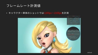 フレームレート計測値
• キャラクター単体のショットでは120fps～155fpsを計測
©XFLAG
 