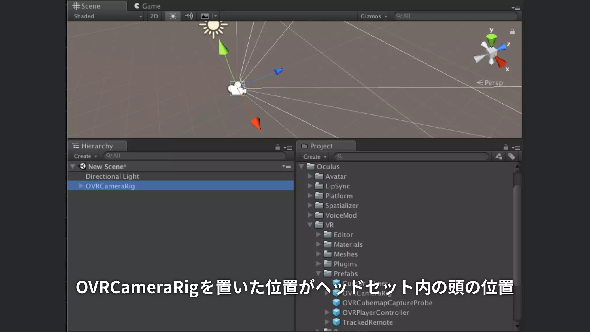 OVRCameraRigを置いた位置がヘッドセット内の頭の位置
 