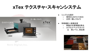 xTex テクスチャ・スキャンシステム
● シンプルな設計
○ 専用のLEDライトBOX
○ 汎用一眼レフカメラ
● 特殊撮影＋画像処理
○ 画像の光源情報を除去
○ vsフラットベッドスキャナ
■ 高レベル、高品質
②LEDライトBOX
③一眼レフカメラ
④PC
①素材
 