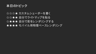 本日のトピック
☆☆☆★ カスタムシェーダーを書く
☆☆★★ 自分でライトマップを貼る
☆★★★ 自分で影をレンダリングする
★★★★ モバイル用物理ベースレンダリング
 
