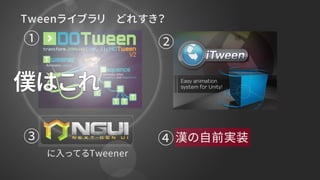 Tweenライブラリ どれすき？
漢の自前実装④③
① ②
に入ってるTweener
 