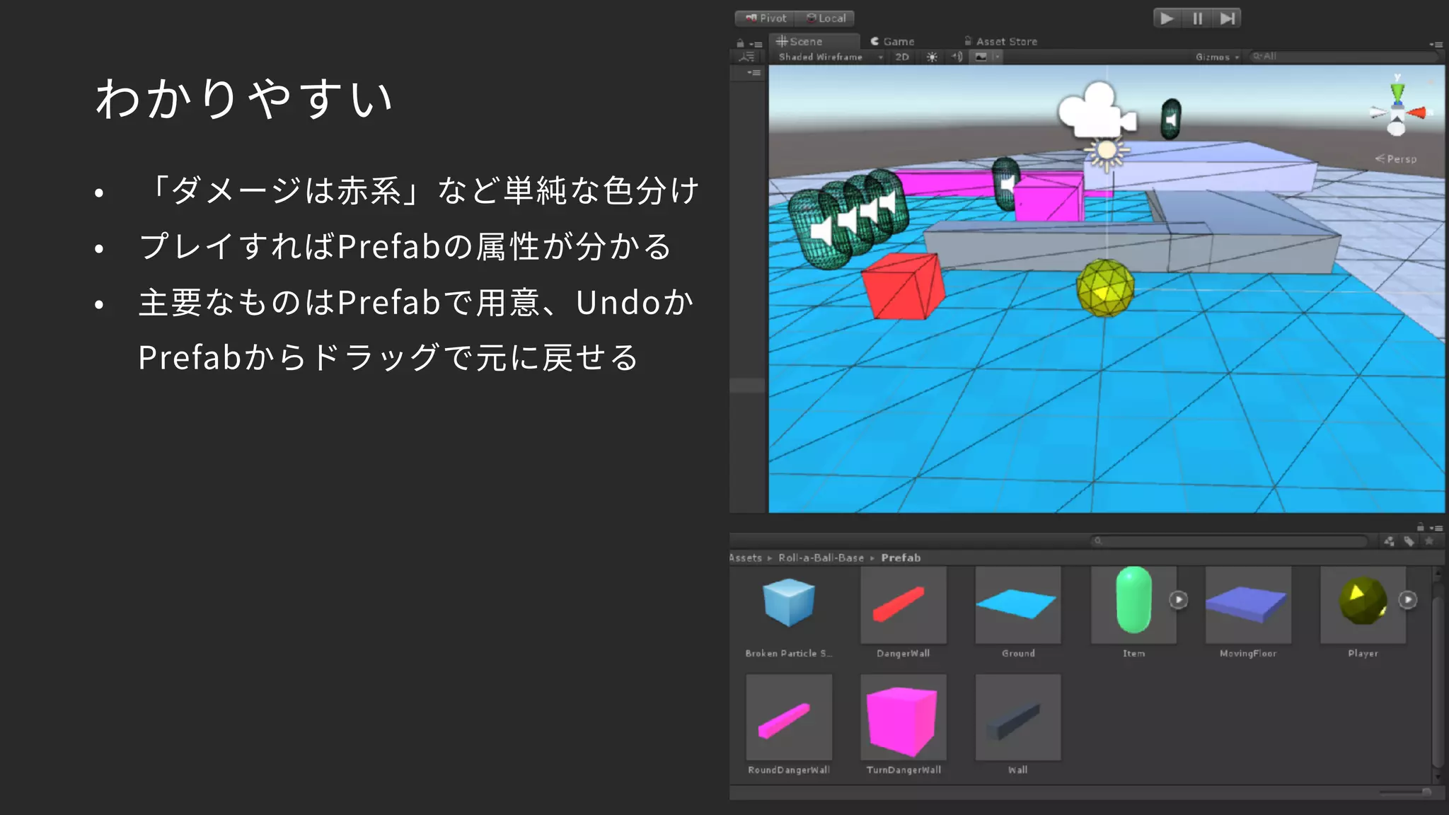 わかりやすい
• 「ダメージは赤系」など単純な色分け
• プレイすればPrefabの属性が分かる
• 主要なものはPrefabで用意、Undoか
Prefabからドラッグで元に戻せる
 