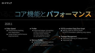 2020.1
Editor Speed
Performance tracking 
and diagnostics
Large project performance  
improvements
Proﬁler
Improved player connection
More accessible proﬁle data
Proﬁle sample metadata
Proﬁler statistics at runtime
User deﬁned C# counters
Memory Proﬁler
Streaming snapshot capture
Speed up capture times
Reduce capture overhead by 96%
Unite
Copenhagen
2019
ロードマップ
いることコア機能とパフォーマンスWork
DOTS-compliant Data Flow Graph
Will be used by DOTS Audio  
& DOTS Animation (differing ship dates)
Package Management
Improved Filtering & Categorization
Improved UX
 