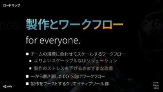 チームの規模に合わせてスケールするワークフロー
よりよいスケーラブルなUIソリューション
製作のストレスを下げるさまざまな改善
一から書き直したDOTS向けワークフロー
製作をブーストするクリエイティブツール群
nce.
for everyone.
ロードマップ
製作とワークフロー Qua
Unite
Tokyo
2019
 
