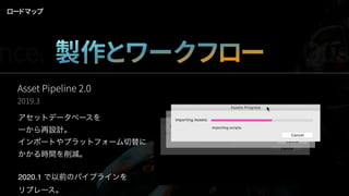 Asset Pipeline 2.0
2019.3
アセットデータベースを
一から再設計。
インポートやプラットフォーム切替に
かかる時間を削減。
2020.1 で以前のパイプラインを
リプレース。
ロードマップ
nce. 製作とワークフロー Qua
 