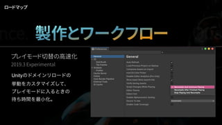 ロードマップ
Unityのドメインリロードの
挙動をカスタマイズして、
プレイモードに入るときの
待ち時間を最小化。
プレイモード切替の高速化
2019.3 Experimental
nce. 製作とワークフロー Qua
 