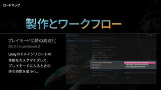 ロードマップ
Unityのドメインリロードの
挙動をカスタマイズして、
プレイモードに入るときの
待ち時間を最小化。
プレイモード切替の高速化
2019.3 Experimental
nce. 製作とワークフロー Qua
 