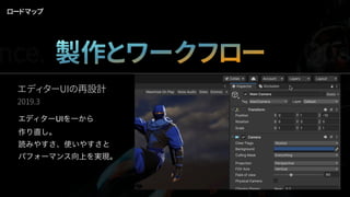 エディターUIの再設計
2019.3
エディターUIを一から
作り直し。
読みやすさ、使いやすさと
パフォーマンス向上を実現。
ロードマップ
nce. 製作とワークフロー Qua
 