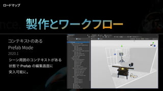コンテキストのある 
Prefab Mode
2020.1
シーン周囲のコンテキストがある
状態で Prefab の編集画面に
突入可能に。
ロードマップ
nce. 製作とワークフロー Qua
 