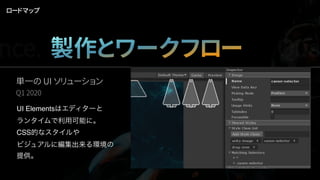 単一の UI ソリューション
Q1 2020
UI Elementsはエディターと
ランタイムで利用可能に。
CSS的なスタイルや
ビジュアルに編集出来る環境の
提供。
ロードマップ
nce. 製作とワークフロー Qua
 