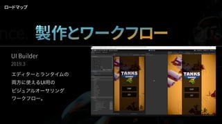 ロードマップ
UI Builder
2019.3
エディターとランタイムの
両方に使えるUI用の
ビジュアルオーサリング
ワークフロー。
nce. 製作とワークフロー Qua
 