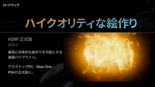 HDRP 正式版
2019.3
最高に写実的な絵作りを可能にする
描画パイプライン。
デスクトップPC、Xbox One、 
PS4が正式版に。
ロードマップ
tion. ハイクオリティな絵作りデプロイ
 