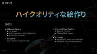 2020.1
ロードマップ
tion. ハイクオリティな絵作りデプロイ
Unite
Tokyo
2019
HD Render Pipeline
Eye shader
HDRP optimization: ESRAM API - C++
HDR Output (Console)
Universal Render Pipeline
Deferred Renderer
Shadow Mask Support
2D Graphics
Soft Shadows (Experimental)
2D Physics
Rigidbody2D “hard” axis-constraints
Per-frame Auto-Simulation Option
 