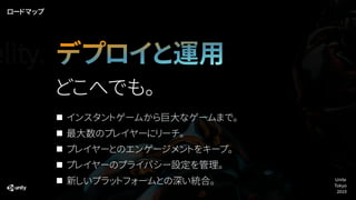 インスタントゲームから巨大なゲームまで。
最大数のプレイヤーにリーチ。
プレイヤーとのエンゲージメントをキープ。
プレイヤーのプライバシー設定を管理。
新しいプラットフォームとの深い統合。
どこへでも。
elity.
ロードマップ
デプロイと運用
Unite
Tokyo
2019
 