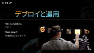 AR Foundation
2019.3
Magic Leapや
HoloLens 2をサポート。
ロードマップ
デプロイと運用elity.
 