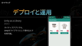 Unity as a Library
2019.3
ネイティブアプリでも、
Unityをライブラリとして埋め込んで
利用可能。
ロードマップ
デプロイと運用elity.
 