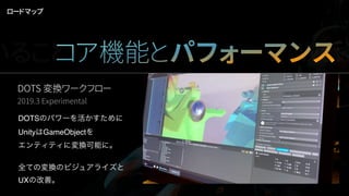 DOTSのパワーを活かすために
UnityはGameObjectを
エンティティに変換可能に。
全ての変換のビジュアライズと
UXの改善。
ロードマップ
DOTS 変換ワークフロー
2019.3 Experimental
いることコア機能とパフォーマンスWork
 