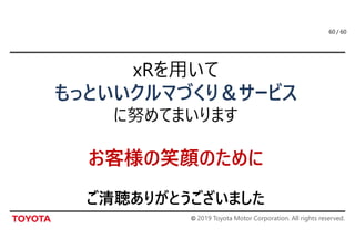 © 2019 Toyota Motor Corporation. All rights reserved.
/ 6060
xRを用いて
もっといいクルマづくり＆サービス
に努めてまいります
お客様の笑顔のために
ご清聴ありがとうございました
 