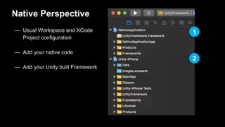 Combined
Perspective
Your Unity View
— UIWindow for your Unity
project
— It becomes one new object in
Native language
— Ea...