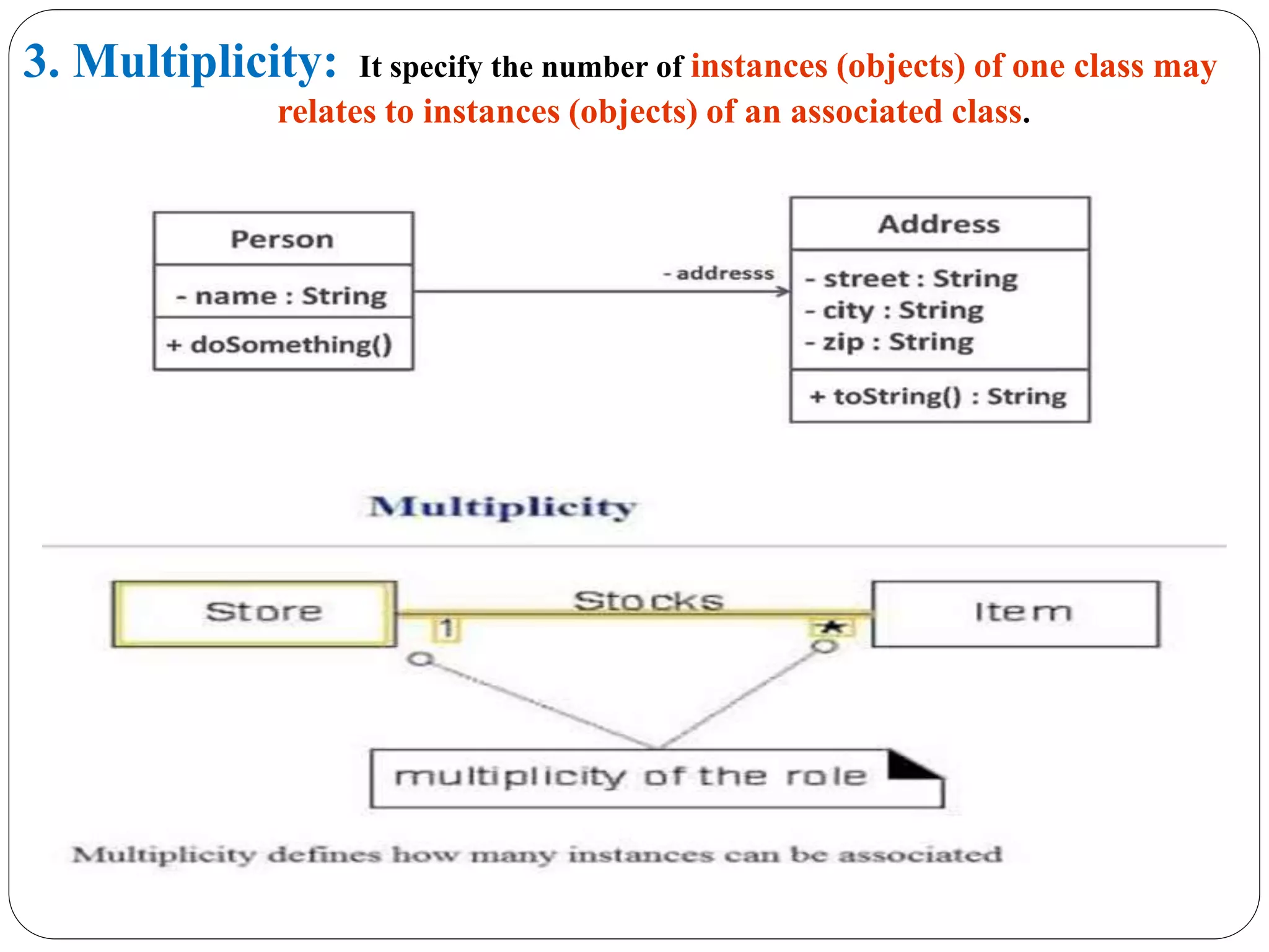 3. Multiplicity: It specify the number of instances (objects) of one class may
relates to instances (objects) of an associated class.
 