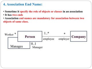 4. Association End Name:
• Sometime it specify the role of objects or classes in an association
• It has two ends
• Association end names are mandatory for association between two
objects of same class.
 