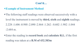 Cont’d…
Example of Instrument Method
The following staff readings were observed successively with a
level the instrument is moved by third, sixth and eighth readings.
2.228 :1.606 :0.988 :2.090 :2.864 :1.262 : 0.602 :1.982 :1.044
:2.684 m.
Enter the reading in record book and calculate R.L. if the first
reading was taken at a B.M of 432.383m
 